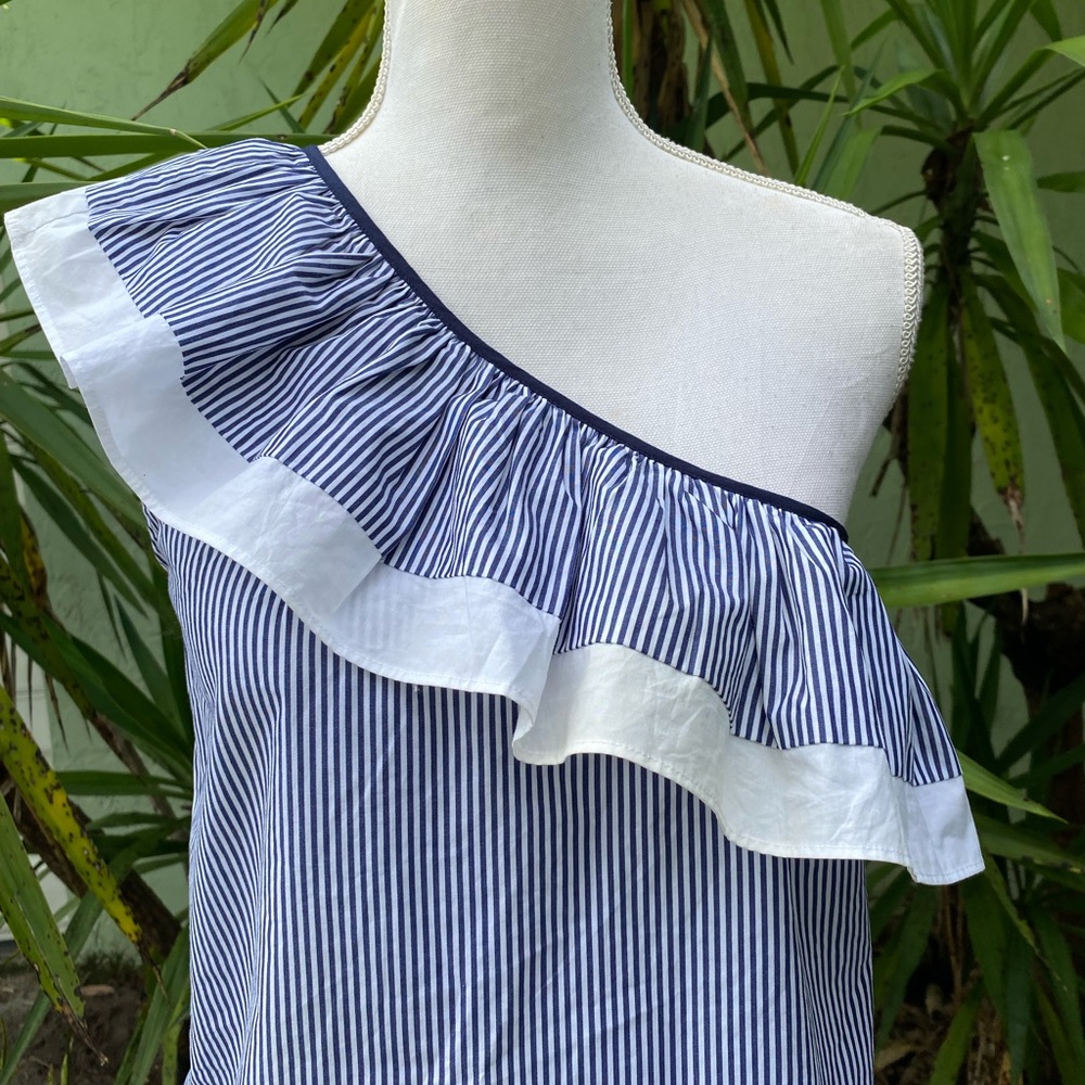 J Crew One Shoulder Ruffle Navy Striped Top